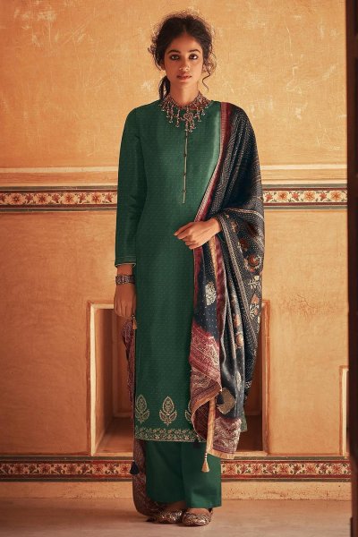 Ready To Wear Bottle Green Self Woven And Embroidered Silk Kurta Set