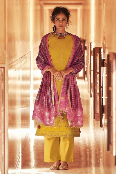 Ready To Wear Yellow Self Woven And Embroidered Silk Kurta Set.
