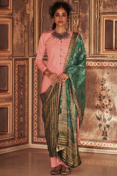 Ready To Wear Light Pink Self Woven And Embroidered Silk Kurta Set