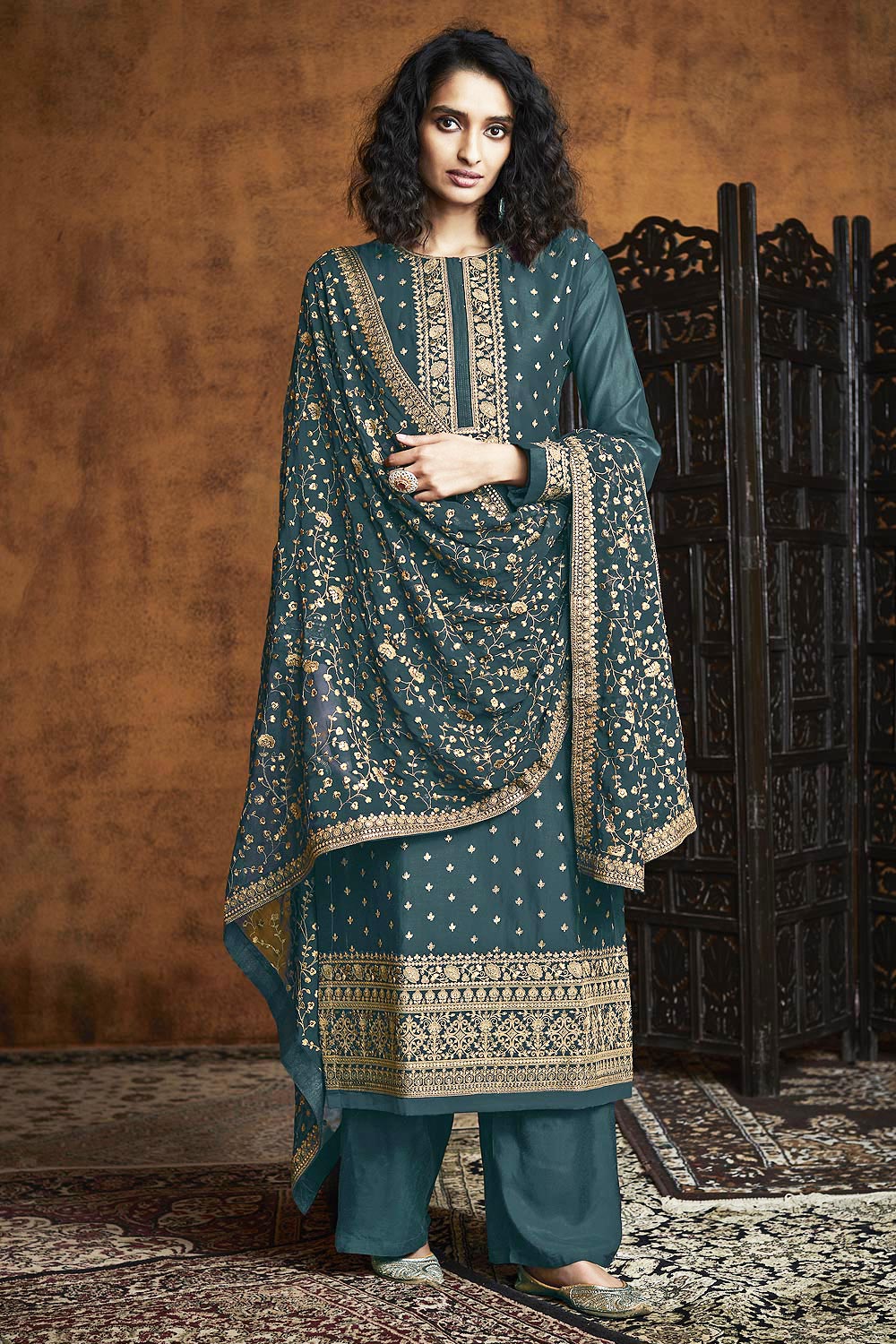 Dark Teal Blue Zari Embroidered Salwar Suit in Georgette