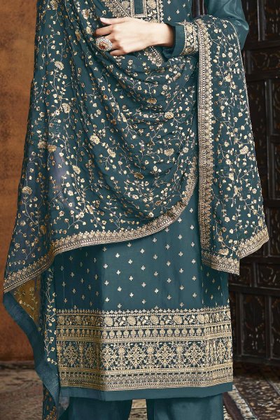 Dark Teal Blue Zari Embroidered Salwar Suit in Georgette