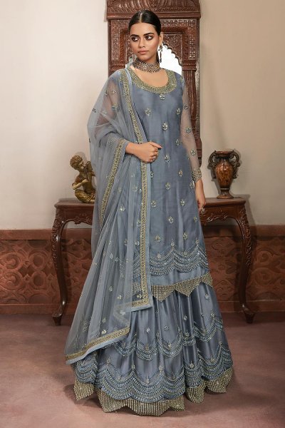 Buy Steel Blue Net Long Kurti Lehenga 