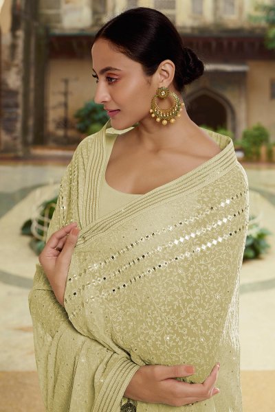 Soft Pista Green Georgette thread Embroidered Saree