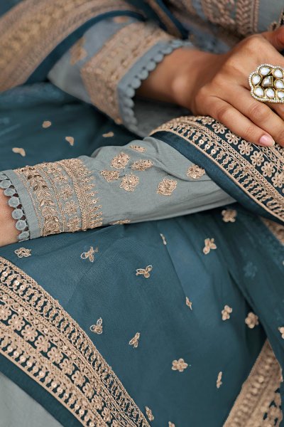 Steel Blue Zari Embroidered Anarkali Suit in Silk