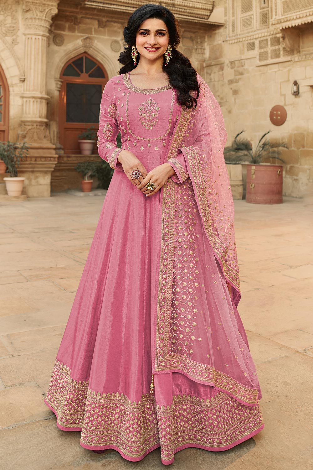 Buy Pink Zari Embroidered Anarkali Suit ...