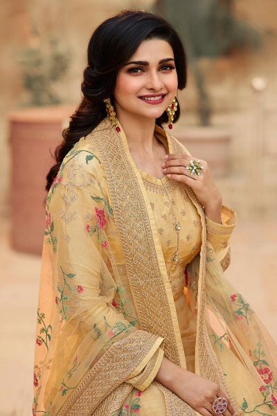 Pale Yellow Zari Embroidered Anarkali Suit in Silk