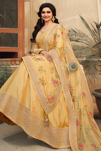 Pale Yellow Zari Embroidered Anarkali Suit in Silk