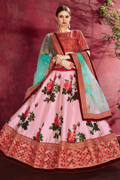Light Pink Floral Printed Silk Sequin And Zari Work Lehenga