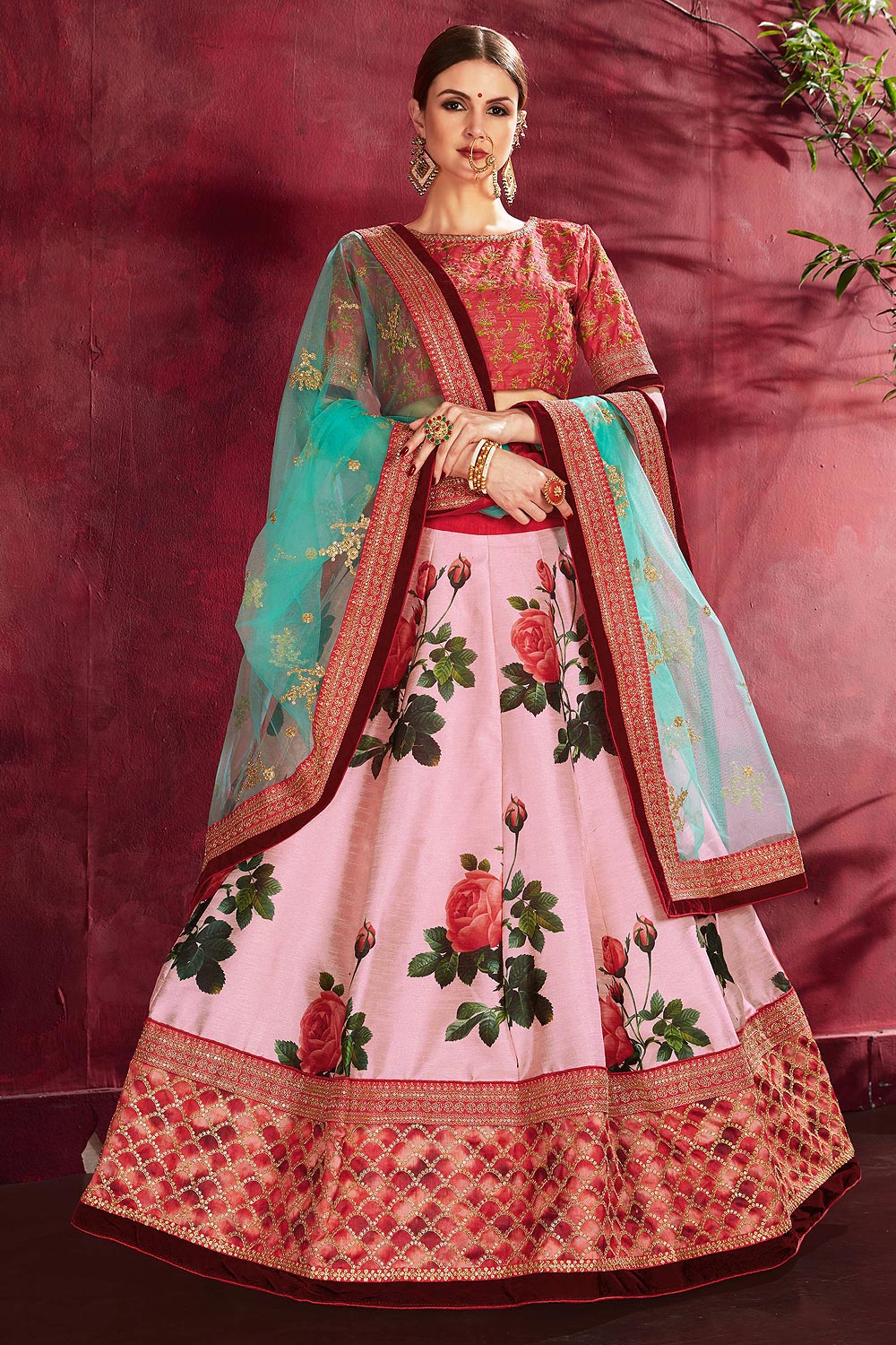 Light Pink Floral Printed Silk Sequin And Zari Work Lehenga