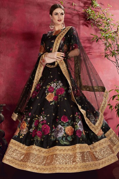Black Floral Printed Silk Sequin And Zari Work Lehenga