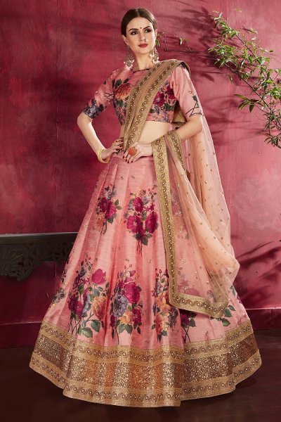 Blush Pink Floral Printed Silk Sequin And Zari Work Lehenga