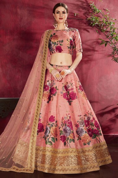 Blush Pink Floral Printed Silk Sequin And Zari Work Lehenga