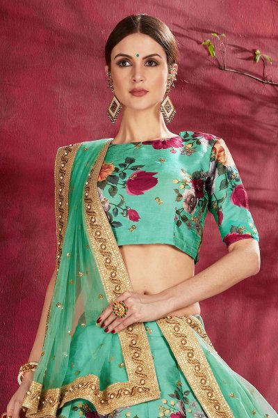 Turquoise Floral Printed Silk Sequin And Zari Work Lehenga
