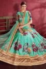 Turquoise Floral Printed Silk Sequin And Zari Work Lehenga