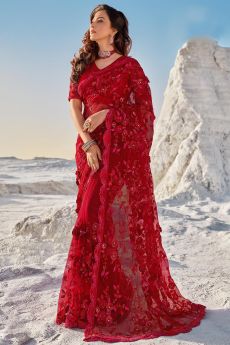 Red  Premium Net 3D Flowers Embellished Saree