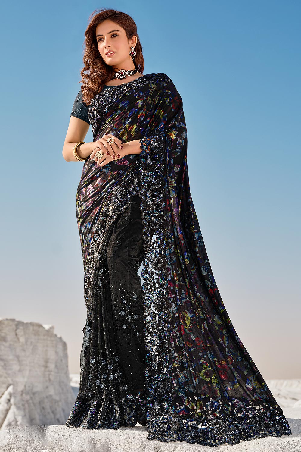 Black Fancy Luxe Fabric 3D Flowers Embellished Saree
