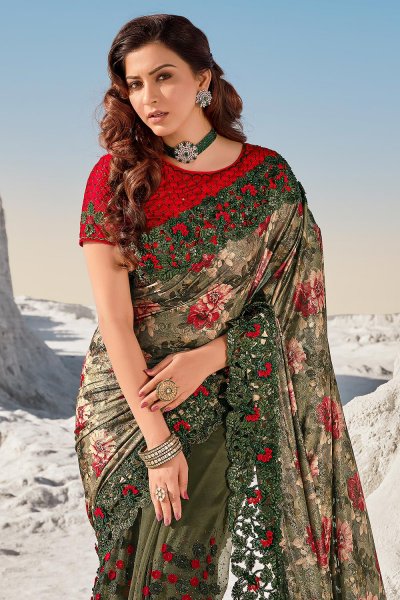 Mehendi Green  Premium Luxe Fabric 3D Flowers Embellished Saree