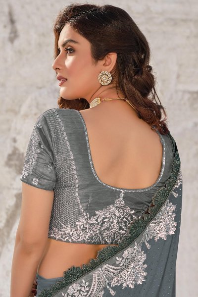 Grey Fancy Luxe Fabric 3D Flowers Embellished Saree