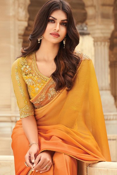 Yellow And Orange Silk Embellished Designer Saree