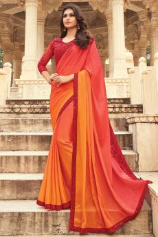 Orange & Red Silk Embellished Designer Saree