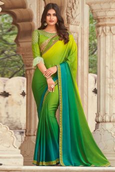 Lime  & Teal Green Silk Embellished Designer Saree