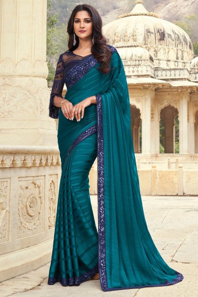 Teal Blue Silk Embellished Designer Saree