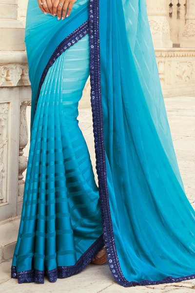 Sky Blue Silk Embellished Designer Saree