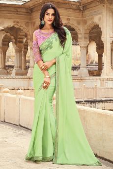 Pista Green Silk Embellished Designer Saree