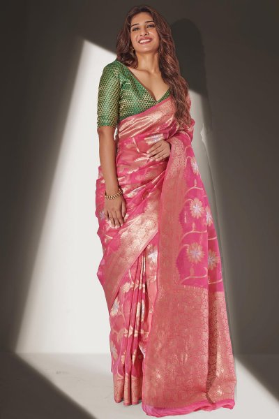 Pink Organza Banarasi Weaved Saree