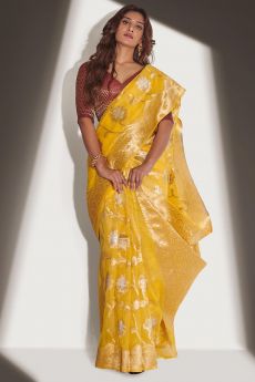Yellow Organza Banarasi Weaved Saree