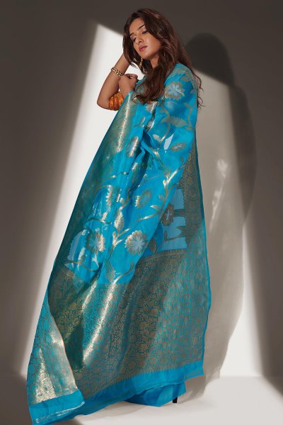 Blue Organza Banarasi Weaved Saree