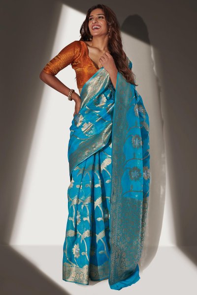 Blue Organza Banarasi Weaved Saree