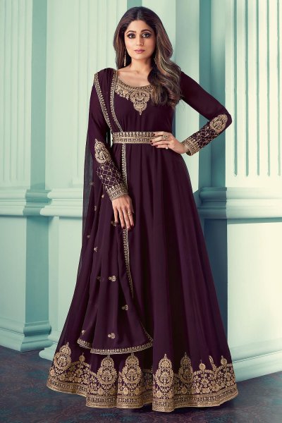 Buy Plum Georgette Zari Embroidered 