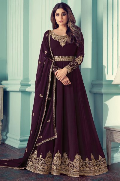 Buy Plum Georgette Zari Embroidered 