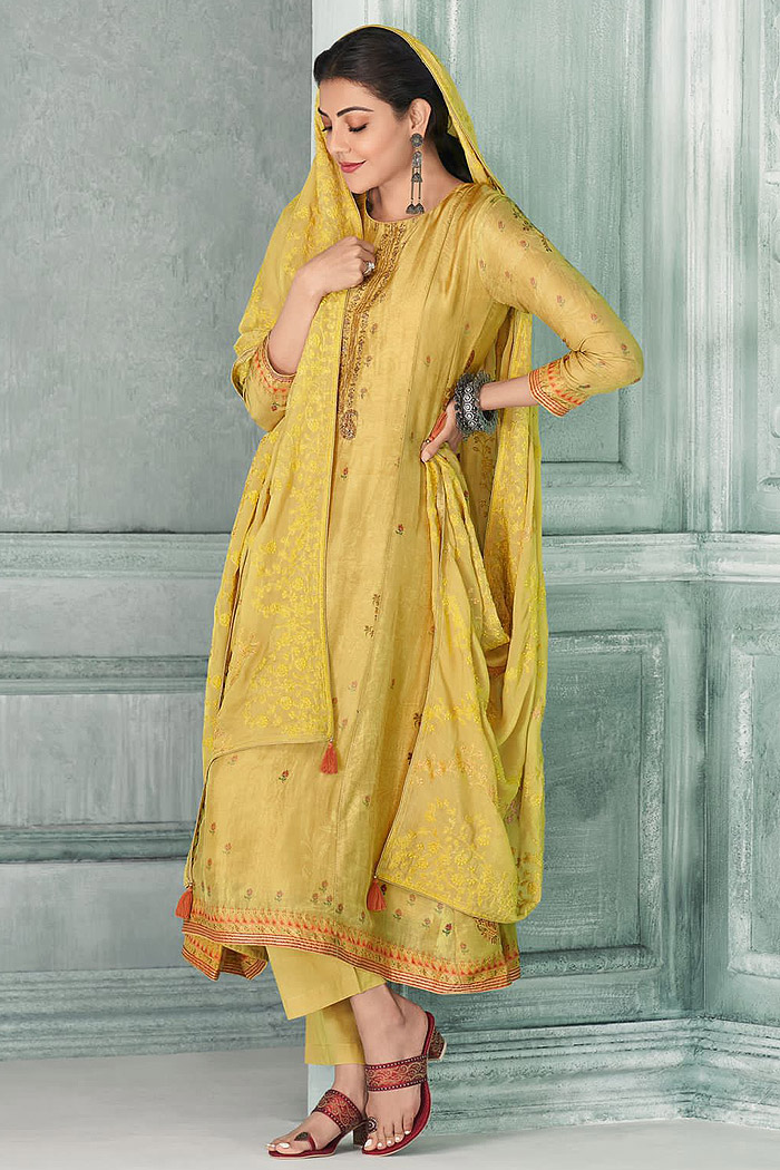 Ready To Wear Yellow Zari Embroidered Silk Kurta Set