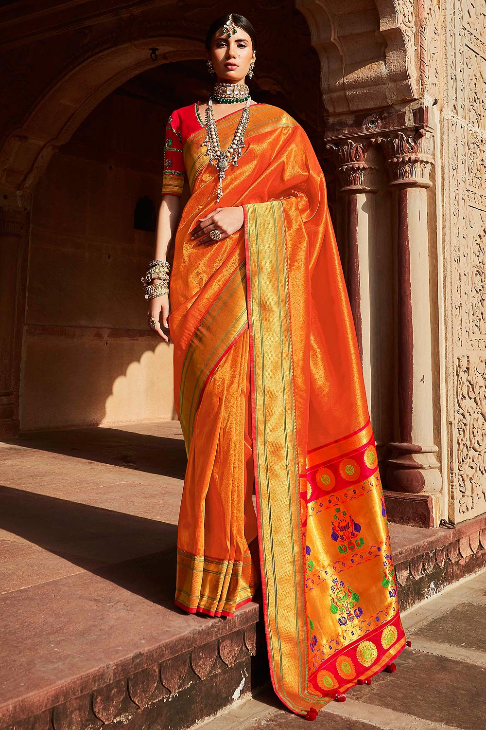 Orange Silk Embroidered Saree
