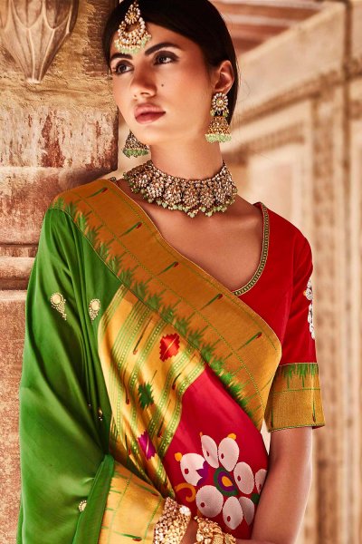 Mehendi Green Silk Embroidered Saree