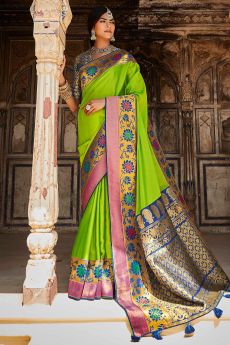 Lime Green Silk Embroidered Saree