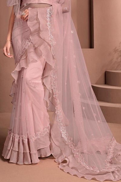 Soft Pink Designer Embellished Net Saree