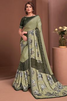 Moss Green Designer Embellished Silk Georgette Saree