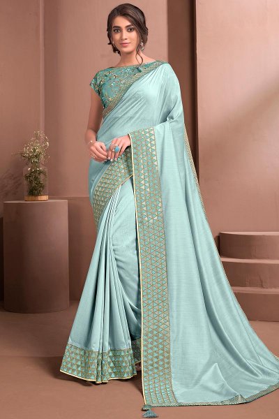 Light Blue Designer Embellished Satin Silk Saree