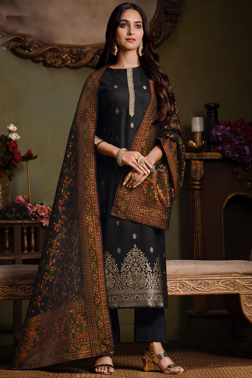 Black Jacquard Silk Embellished Kurta Set