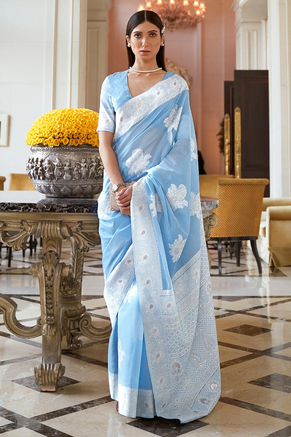 light blue silk saree