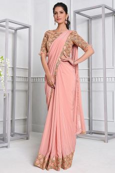 Quick Wear Soft Pink Lycra Designer Saree