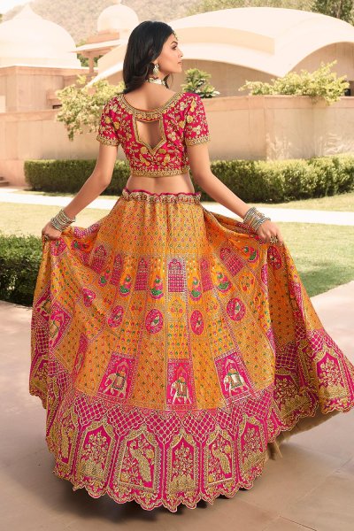 Yellow And Pink Zari Embroidered Banarasi Silk Lehenga