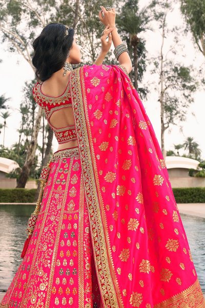 Pink And Red Zari Embroidered Banarasi Silk Lehenga