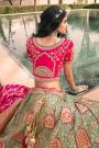 Sage Green And Pink Zari Embroidered Banarasi Silk Lehenga