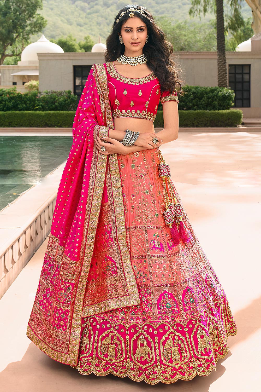 Peach And Pink Zari Embroidered Banarasi Silk Lehenga