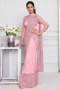 Quick Wear Light Pink Lycra Designer Saree