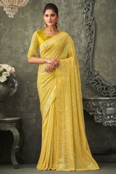 Yellow Georgette Sequin Embellished Saree